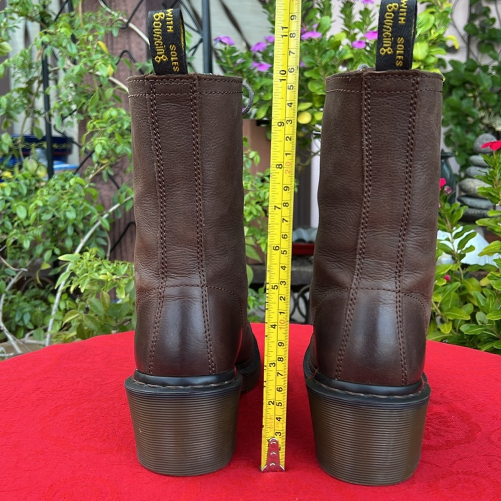Dr. Martens Granny Style Plaid Lined Mid Calf Lace Up Heeled Brown Leather Boots - Picture 13 of 17